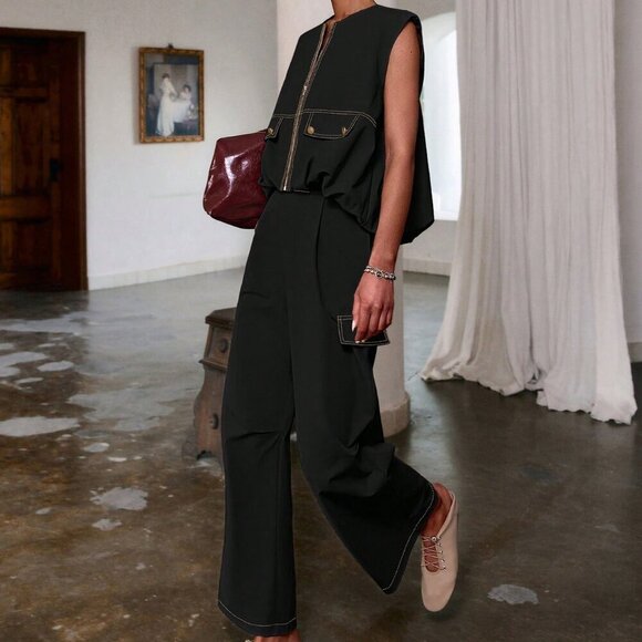 Black Casual Women's Zipper Sleeveless Top &  Long Pants coord set - Picture 5 of 8